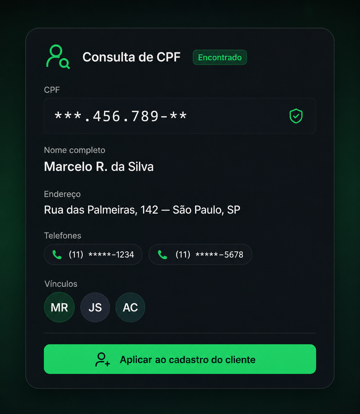 Exemplo de resultado de consulta de CPF no ProJuros
